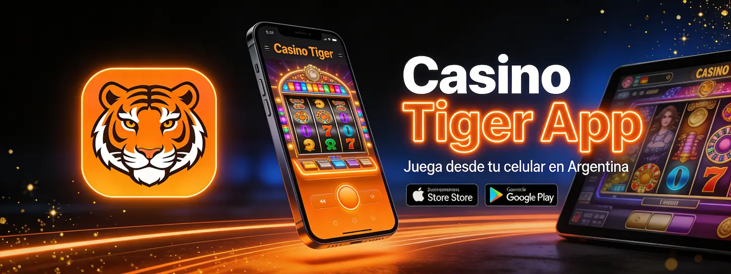 Aplicación móvil Casino Tiger para jugadores de Argentina con acceso a slots y juegos en vivo desde el celular.