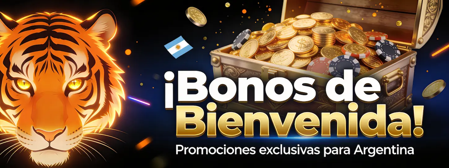 Bonos de bienvenida exclusivos en Casino Tiger Argentina con cofre de oro y monedas desbordantes.